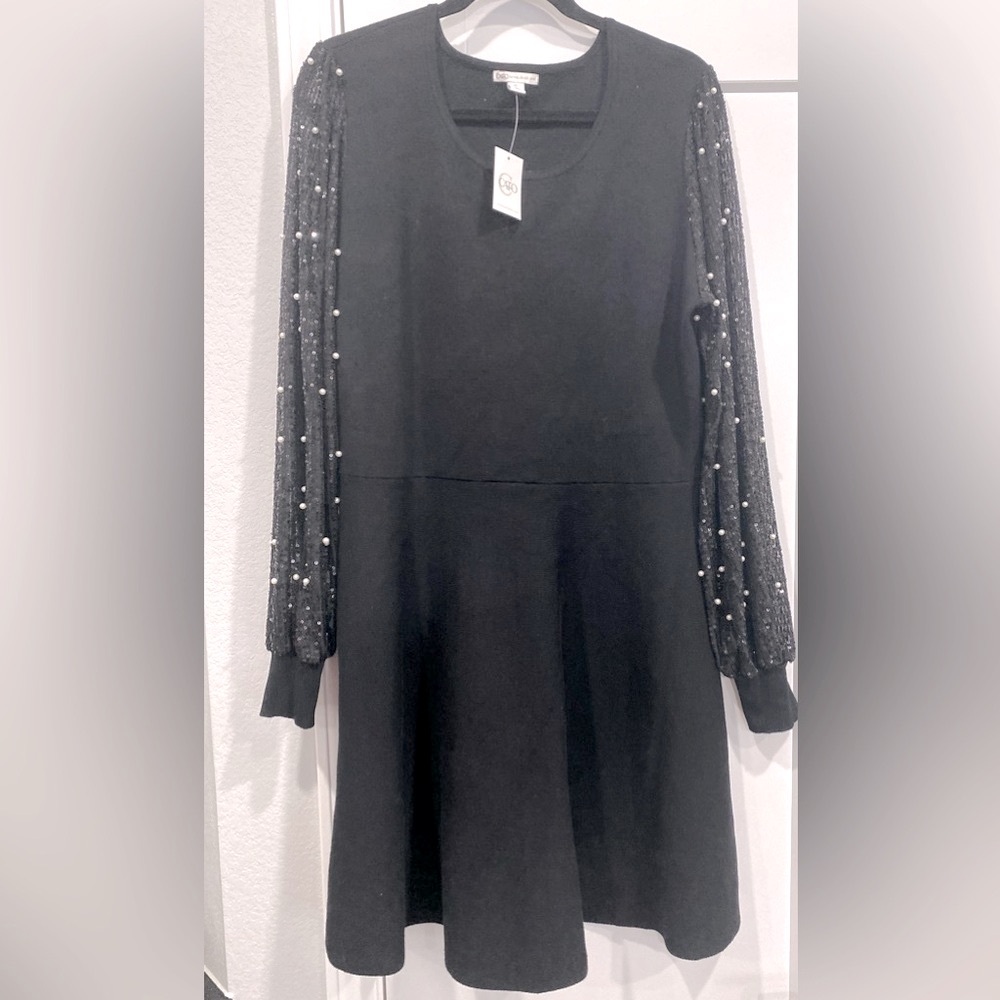 Cato Black Pearl Sequins Long Sleeve Dressy Evening Pullover Sweater Dress XL